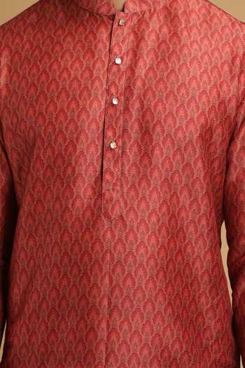 Chatenya Mittal Red Leaf Printed Mandarin Kurta For Kids