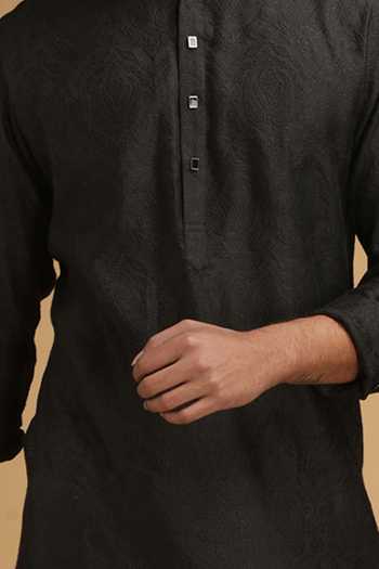 Chatenya Mittal_Black Cotton Floral Motif Kurta For Kids_Online_at_Aza_Fashions