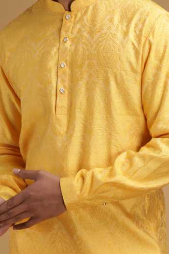 Chatenya Mittal Yellow Cotton, Silk Embroidery Floral Motif Kurta For Kids Online at Aza Fashions Chatenya Mittal_Yellow Cotton, Silk Embroidery Floral Motif Kurta For Kids_Online_at_Aza_Fashions