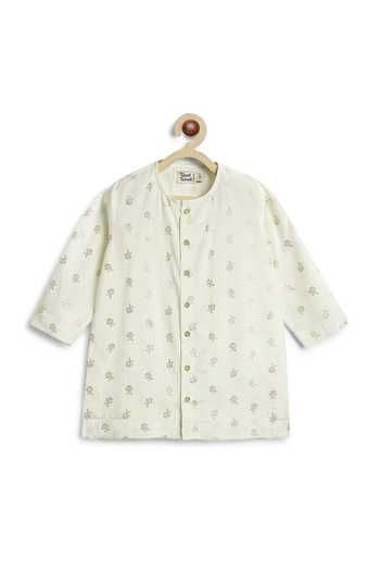 Shop_Tiber Taber_Cream Viscose, Cotton Foil Print Rose Motif Kurta And Pyjama Set _Online_at_Aza_Fashions