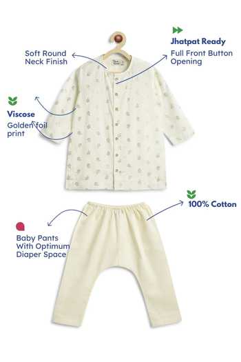 Buy_Tiber Taber_Cream Viscose, Cotton Foil Print Rose Motif Kurta And Pyjama Set 
