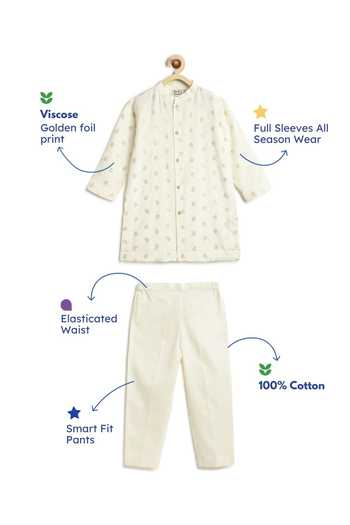 Tiber Taber_Cream Viscose, Cotton Foil Print Kurta And Pyjama Set _Online_at_Aza_Fashions