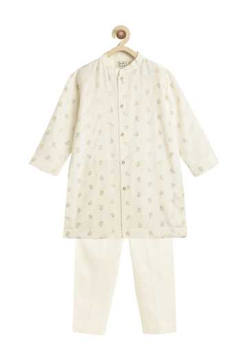 Shop_Tiber Taber_Cream Viscose, Cotton Foil Print Kurta And Pyjama Set _Online_at_Aza_Fashions