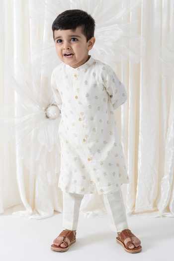 Shop_Tiber Taber_Cream Viscose, Cotton Foil Print Kurta And Pyjama Set 