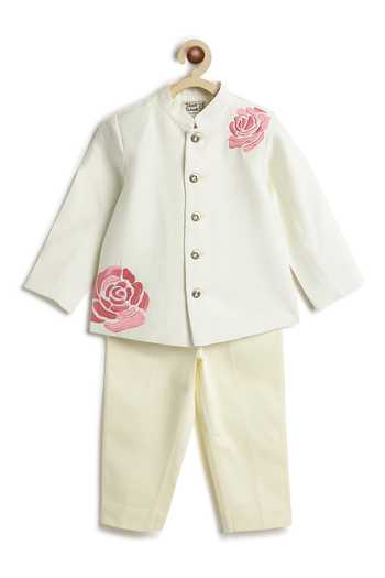 Tiber Taber_Cream Viscose Embroidery Bandhgala And Pant Set _at_Aza_Fashions
