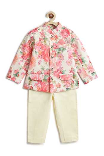 Tiber Taber Cream Cotton Floral Print Bandhgala And Pant Set at Aza Fashions Tiber Taber_Cream Cotton Floral Print Bandhgala And Pant Set _at_Aza_Fashions