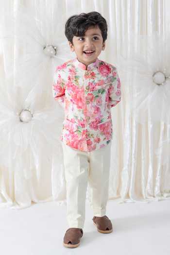 Shop Tiber Taber Cream Cotton Floral Print Bandhgala And Pant Set Shop_Tiber Taber_Cream Cotton Floral Print Bandhgala And Pant Set