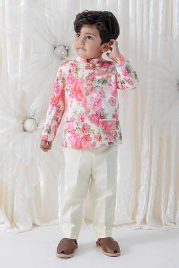 Tiber Taber Floral Print Cotton Bandhgala & Pant Set 