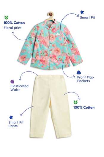 Tiber Taber Blue Cotton Floral Print Bandhgala And Pant Set at Aza Fashions Tiber Taber_Blue Cotton Floral Print Bandhgala And Pant Set _at_Aza_Fashions