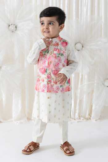 Buy_Tiber Taber_Cream Viscose, Cotton Floral Print Bundi And Kurta Set 