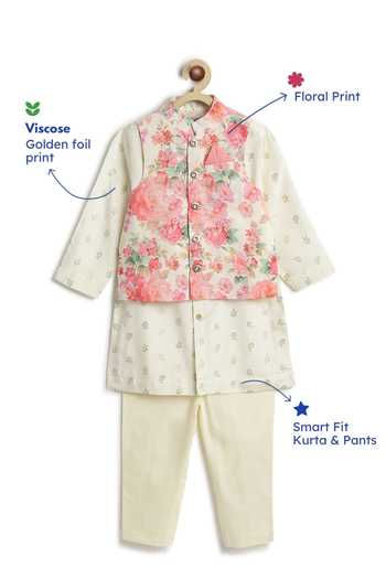 Shop_Tiber Taber_Cream Viscose, Cotton Floral Print Bundi And Kurta Set 