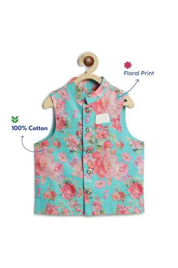 Tiber Taber Pink Cotton, Viscose Floral Print Bundi And Kurta Set at Aza Fashions Tiber Taber_Pink Cotton, Viscose Floral Print Bundi And Kurta Set _at_Aza_Fashions