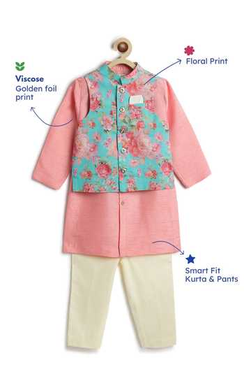 Buy Tiber Taber Pink Cotton, Viscose Floral Print Bundi And Kurta Set Buy_Tiber Taber_Pink Cotton, Viscose Floral Print Bundi And Kurta Set