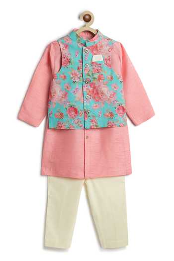 Shop Tiber Taber Pink Cotton, Viscose Floral Print Bundi And Kurta Set Shop_Tiber Taber_Pink Cotton, Viscose Floral Print Bundi And Kurta Set