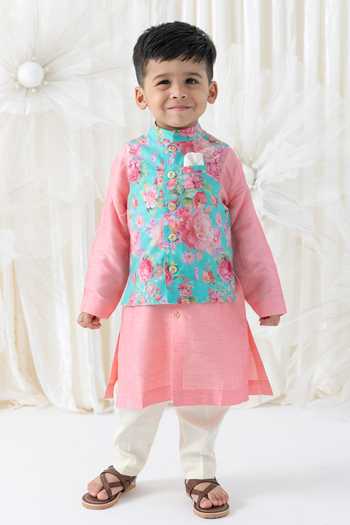 Tiber Taber Floral Print Bundi & Kurta Set 