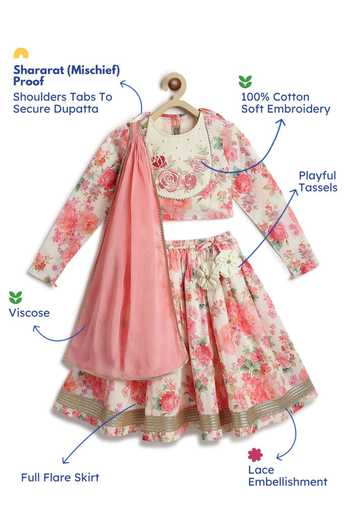 Shop_Tiber Taber_Cream Cotton, Viscose Floral Print Lehenga Set 