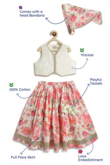Shop_Tiber Taber_Cream Viscose, Cotton Lace Floral Print Lehenga And Blouse Set 