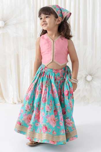 Tiber Taber Floral Print Cotton Lehenga & Blouse Set 
