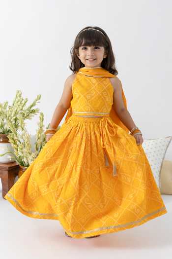 Shop Tiber Taber Yellow Cotton, Viscose Bandhani Print Lehenga Set Shop_Tiber Taber_Yellow Cotton, Viscose Bandhani Print Lehenga Set