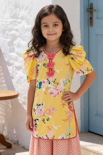 FAYON KIDS Yellow Cotton Printed Kurta And Palazzo Set Online at Aza Fashions FAYON KIDS_Yellow Cotton Printed Kurta And Palazzo Set _Online_at_Aza_Fashions