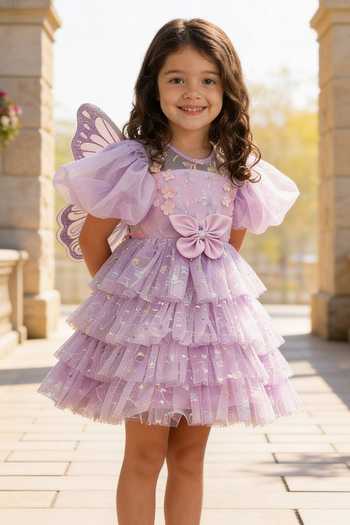 FAYON KIDS_Purple Net Lilac Butterfly Embroidered Frock _Online_at_Aza_Fashions