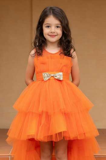 FAYON KIDS_Orange Net High Low Dress _Online_at_Aza_Fashions