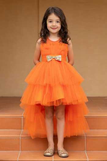 FAYON KIDS Orange Net High Low Dress 