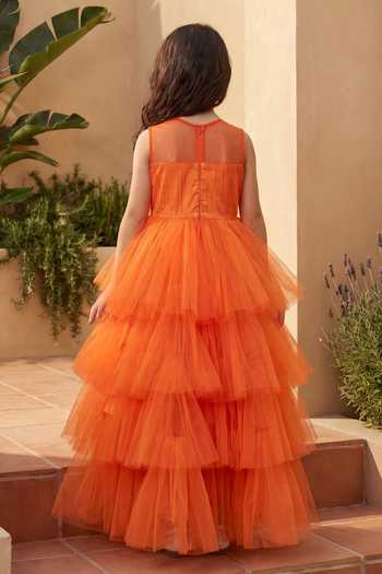 FAYON KIDS Orange Net High Low Dress 