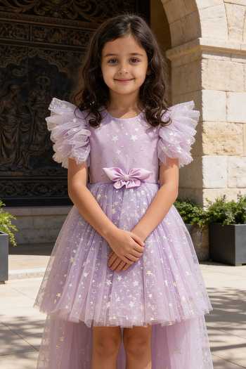 FAYON KIDS_Purple Net Lilac Star Dress _Online_at_Aza_Fashions