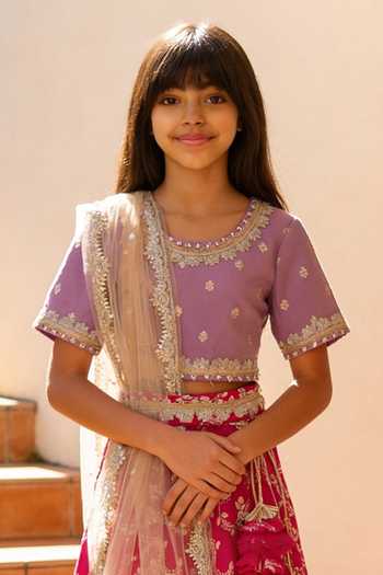 FAYON KIDS_Pink Brocade, Net Woven Lehenga Set _Online_at_Aza_Fashions