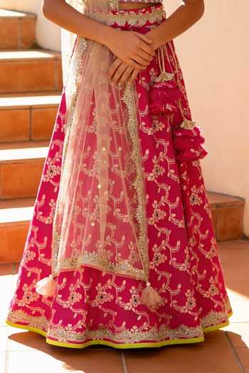Buy_FAYON KIDS_Pink Brocade, Net Woven Lehenga Set _Online_at_Aza_Fashions