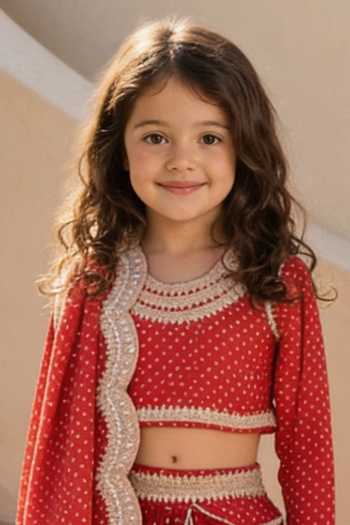 FAYON KIDS Red Satin Bandhej Pattern Lehenga Set Online at Aza Fashions FAYON KIDS_Red Satin Bandhej Pattern Lehenga Set _Online_at_Aza_Fashions
