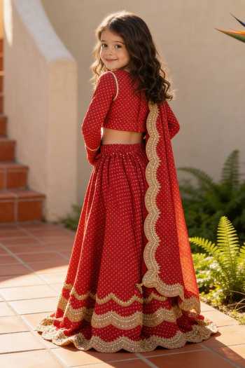 FAYON KIDS Red Bandhej Pattern Lehenga Set 