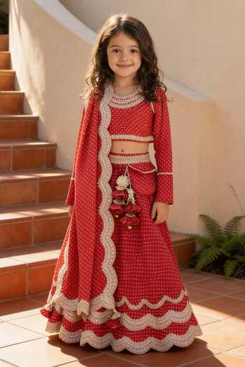 FAYON KIDS Red Bandhej Pattern Lehenga Set 