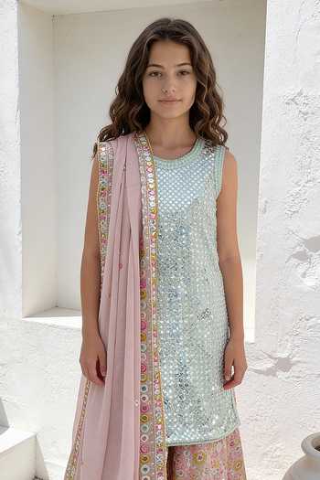 FAYON KIDS Green Georgette Mbroidered Kurta Sharara Set Online at Aza Fashions FAYON KIDS_Green Georgette Mbroidered Kurta Sharara Set _Online_at_Aza_Fashions