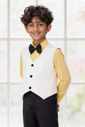 FAYON KIDS_Yellow Suiting Solid Waistcoat And Pant Set _Online_at_Aza_Fashions