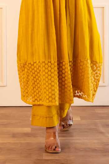 Gulabik Jaipur Yellow Chanderi Split V-neck, Yes Kiana Yoke Embroidered Kurta And Pant Set Online at Aza Fashions Gulabik Jaipur_Yellow Chanderi Split V-neck, Yes Kiana Yoke Embroidered Kurta And Pant Set _Online_at_Aza_Fashions