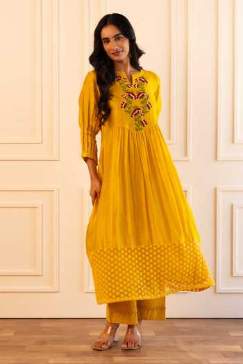 Buy Gulabik Jaipur Yellow Chanderi Split V-neck, Yes Kiana Yoke Embroidered Kurta And Pant Set Online at Aza Fashions Buy_Gulabik Jaipur_Yellow Chanderi Split V-neck, Yes Kiana Yoke Embroidered Kurta And Pant Set _Online_at_Aza_Fashions