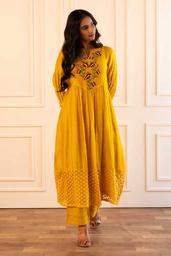 Shop Gulabik Jaipur Yellow Chanderi Split V-neck, Yes Kiana Yoke Embroidered Kurta And Pant Set Online at Aza Fashions Shop_Gulabik Jaipur_Yellow Chanderi Split V-neck, Yes Kiana Yoke Embroidered Kurta And Pant Set _Online_at_Aza_Fashions