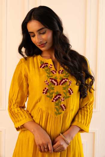 Gulabik Jaipur Yellow Chanderi Split V-neck, Yes Kiana Yoke Embroidered Kurta And Pant Set at Aza Fashions Gulabik Jaipur_Yellow Chanderi Split V-neck, Yes Kiana Yoke Embroidered Kurta And Pant Set _at_Aza_Fashions