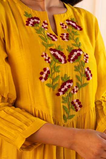 Buy Gulabik Jaipur Yellow Chanderi Split V-neck, Yes Kiana Yoke Embroidered Kurta And Pant Set Buy_Gulabik Jaipur_Yellow Chanderi Split V-neck, Yes Kiana Yoke Embroidered Kurta And Pant Set