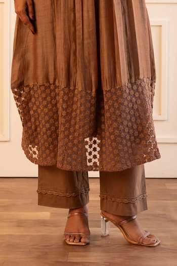 Gulabik Jaipur Beige Chanderi Split V-neck, Yes Kiana Placement Embroidered Kurta And Pant Set Online at Aza Fashions Gulabik Jaipur_Beige Chanderi Split V-neck, Yes Kiana Placement Embroidered Kurta And Pant Set _Online_at_Aza_Fashions