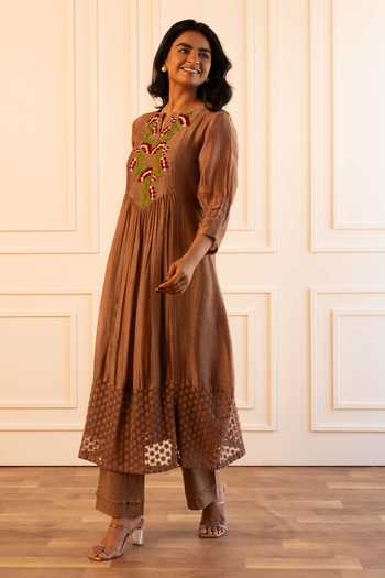 Buy Gulabik Jaipur Beige Chanderi Split V-neck, Yes Kiana Placement Embroidered Kurta And Pant Set Online at Aza Fashions Buy_Gulabik Jaipur_Beige Chanderi Split V-neck, Yes Kiana Placement Embroidered Kurta And Pant Set _Online_at_Aza_Fashions