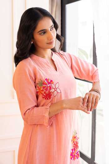 Shop_Gulabik Jaipur_Peach Chanderi Mandarin Collar Manjari Handloom Kurta And Pant Set _Online_at_Aza_Fashions