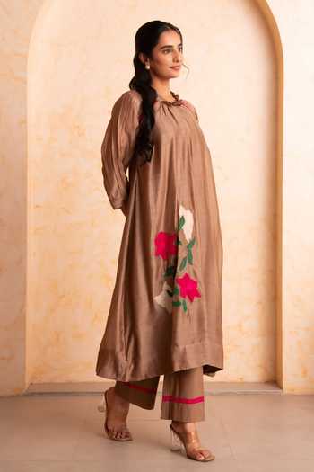 Shop_Gulabik Jaipur_Beige Chanderi Round Neck Shubha Handloom Kurta And Pant Set _Online_at_Aza_Fashions