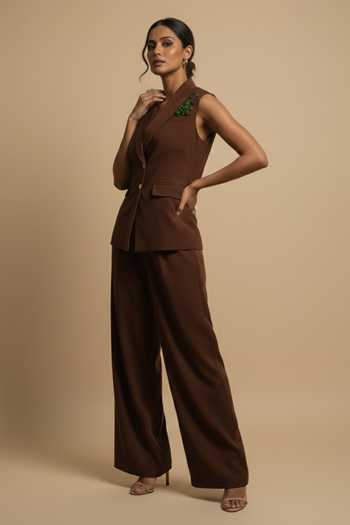 The Pretty Things by Priyanka B. Sahani_Brown Crepe Notched Neck Hand Embroidered Vest And Trouser Set _Online_at_Aza_Fashions