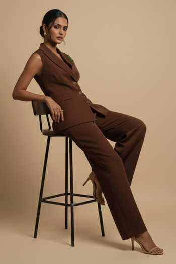 Buy_The Pretty Things by Priyanka B. Sahani_Brown Crepe Notched Neck Hand Embroidered Vest And Trouser Set _Online_at_Aza_Fashions
