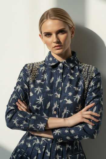 Buy_The Pretty Things by Priyanka B. Sahani_Blue Denim Collared , Button-down Hand Embroidered Shirt Dress _Online_at_Aza_Fashions