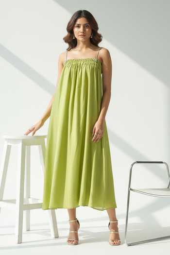 The Pretty Things by Priyanka B. Sahani Chanderi Smocked Neck Midi Dress 