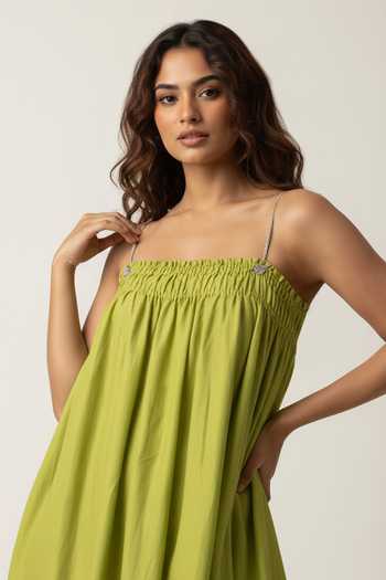 The Pretty Things by Priyanka B. Sahani Green Chanderi Square Neck Smocked Midi Dress Online at Aza Fashions The Pretty Things by Priyanka B. Sahani_Green Chanderi Square Neck Smocked Midi Dress _Online_at_Aza_Fashions